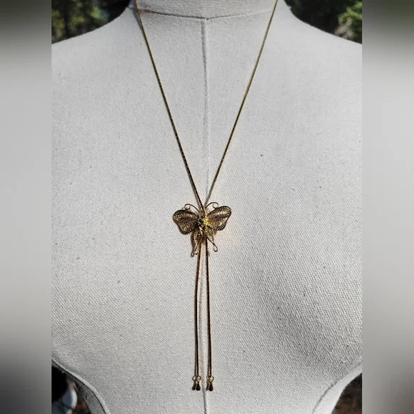Vintage Delicate Gold Filigree Butterfly Slide Bolo Necklace - Picture 7 of 12